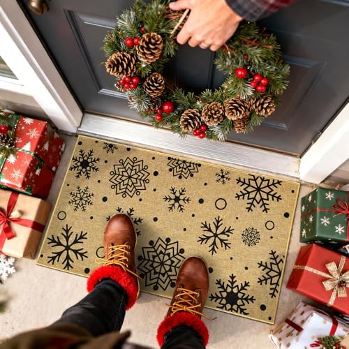 Christmas Doormat Outdoor Indoor Snowflake Welcome Door Mat Front Back Door Xmas Holiday Floor Mat Non Slip Welcome Carpet Mat Inside Outside Washable Housewarming Gift Home Doormat