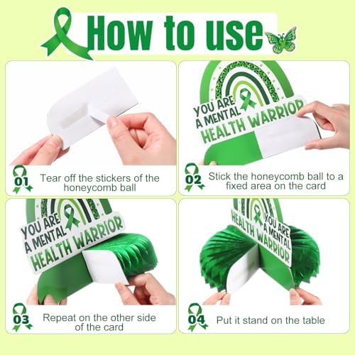 Faccito 9 Pcs Mental Month Honeycomb Centerpieces 3D Mental Health Awareness Month Decorations Green Butterfly Ribbon Brain Table Decorations for Health Therapy Office Home Tabletop Decor