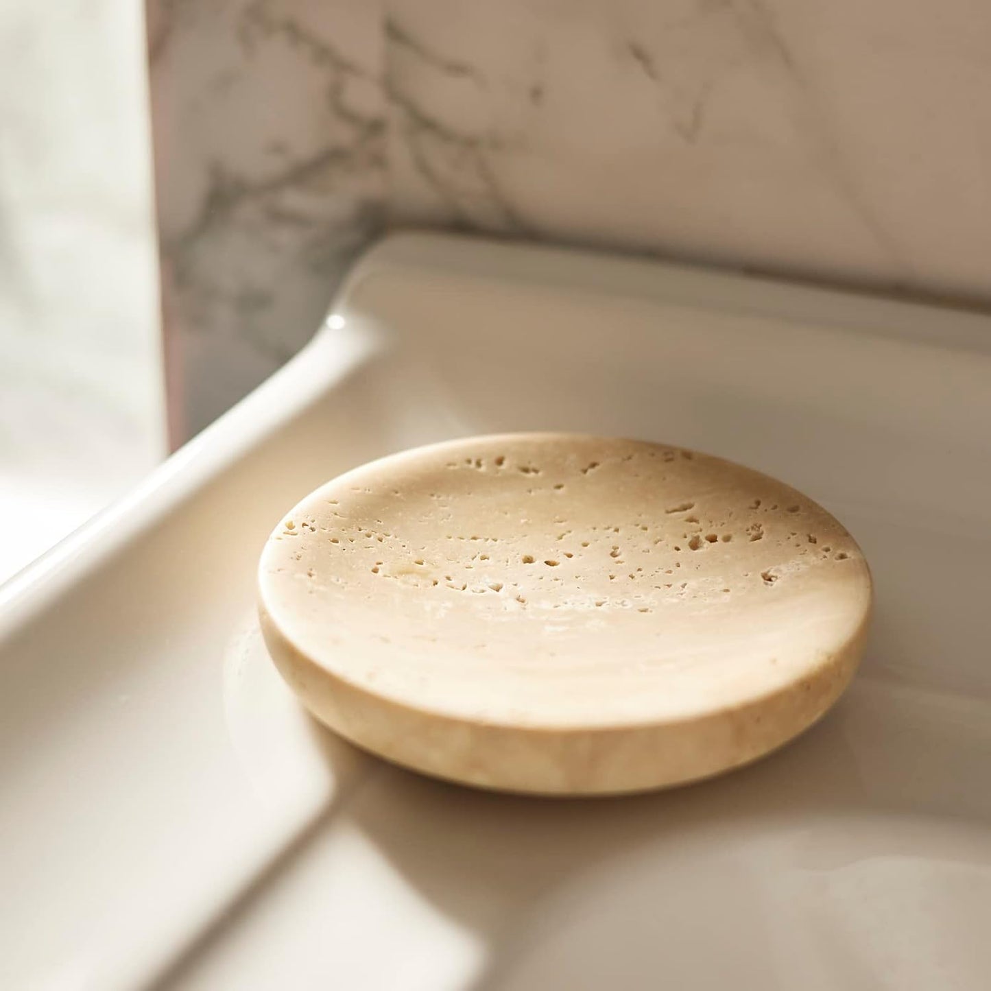 Sponge Holder / Marble Trinket Dish Tray / 4" R / Beige Travertine