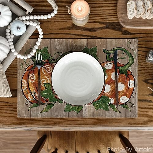 Artoid Mode Wood Polka Dot Pumpkins Fall Placemats Set of 6-12 x 18 Inch