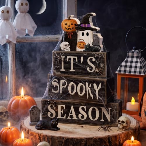 Moucuny 4 Pcs Halloween Table Decor Pumpkin Ghost Wood Stacked Block Decor