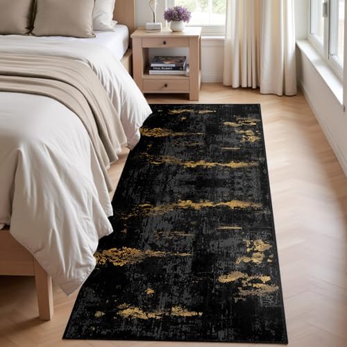 RELEANY Washable Runner 2'x10' Abstract Area Rug for Hallway Black Gold