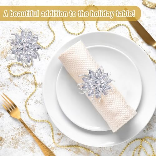 Legigo Set of 6 Christmas Lotus Flower Napkin Rings Set for Dinning Table Setting- Silver Rhinestone Xmas Winter Napkin Ring Holders for Cloth Napkins, Christmas Holiday Party Dinner Table Decoration