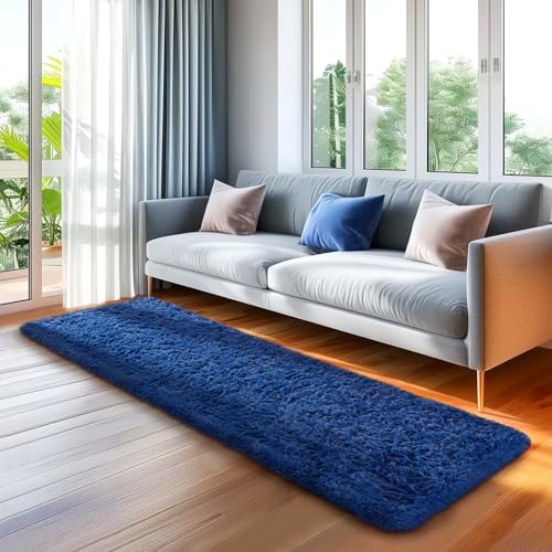 Ophanie Blue Runner Rug for Hallway, 2x6 Bedroom Bedside Living Room Rugs, Non Slip Fluffy Soft Shaggy Carpet for Kids