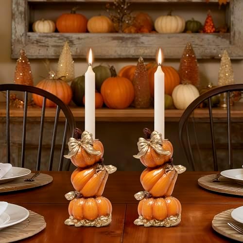 Hodao Thanksgiving Pumpkin Candle Holders,Fall Decoration,Set of 2