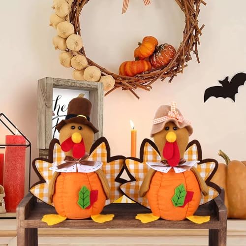 BWFY 2PC Thanksgiving Plush Turkey Couple Doll, Hand Filled Desktop Decoration, Autumn Harvest Pilgrimage Turkey Decoration Home and Desktop Cute Ornaments
