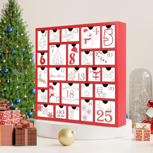 CCINEE Christmas Wooden Advent Calendar with 25 Large Drawers, Countdown to Christmas Decoration Large Size Xmas Countdown Calendar 2024 Hand Painted Refillable Advent for Holiday Decoration(Red)
