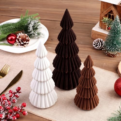 Set of 3 Velvet Ceramic Christmas Tree Decor, Brown,White,Coffee