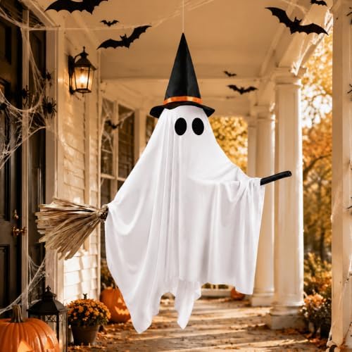 Witch Ghost with Broom Halloween Decorations Hanging LED Lights