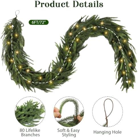 6FT Soft Touch Artificial Norfolk Pine Christmas Garland with Timer Lights