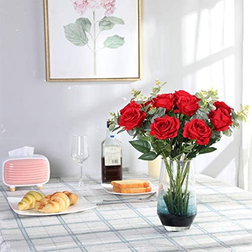 10pcs Red Roses Artificial Flowers, Realistic Faux Rose with Long Stem