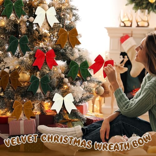 Janinka 12 Pcs 6 Inch Christmas Velvet Bows for Wreath, Retro Multicolor