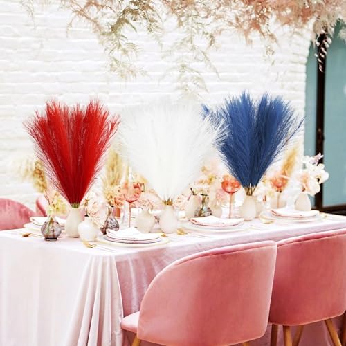 Agusbagli 30pcs 4th of July Decorations Faux Pampas Grass, 21.6in Red White and Blue Artificial Pompous Grass Patriotic Fake Pampas Stems Vase Filler for Home Table Independence Day Memorial Day