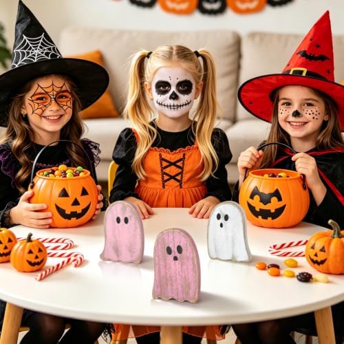 3Pcs Halloween Table Decorations Indoor, Farmhouse Halloween Cute Ghost Decorations, Rustic Ghost Table Centerpieces Signs Tiered Tray Decor for Home Mantel Shelf Office Party Supplies (Pink)