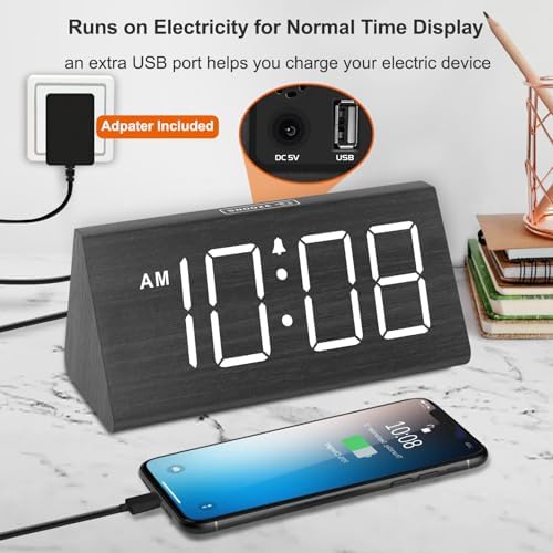 DreamSky Wooden Digital Alarm Clock for Bedroom Living Room, Large Numbers