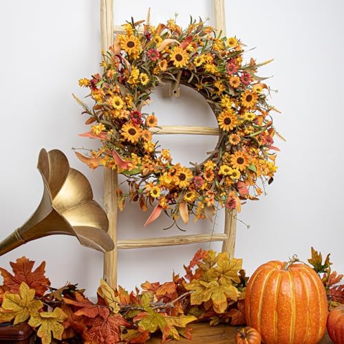 J'FLORU 28 Inch Artificial Fall Wreath Large Fall Wreaths for Front Door Autumn Wreath with Daisy and Lavender Berry Fall Leaves for Wall Fireplace Farmhouse Thanksgiving Day Harvest Festival Decor
