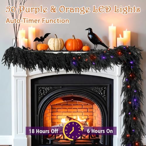 9FT Soft Touch Black Norfolk Pine Halloween Garland with Timer Lights