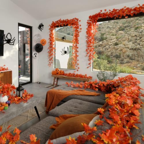 CQURE 48 Pack Fall Leaf Garland, Total 336Ft Artificial Fall Maple Leaves Autumn Vines Garland Thanksgiving Decor for Home Fireplace Party