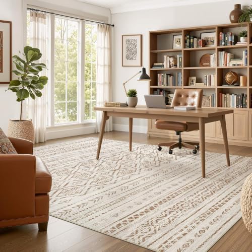 Nakagishi Area Rug Living Room Rugs: 7x9 Large Soft Machine Washable Boho Moroccan FarmNeutral Stain Resistant Indoor