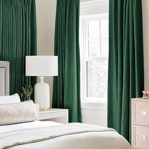 MIULEE 100% Blackout Linen Curtains for Bedroom 52x96 Inches Emerald Green