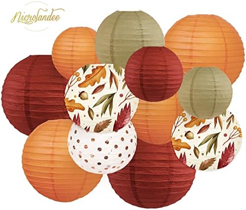 NICROLANDEE 12Pcs Burgundy Orange Maple Leaves Hanging Paper Lanterns