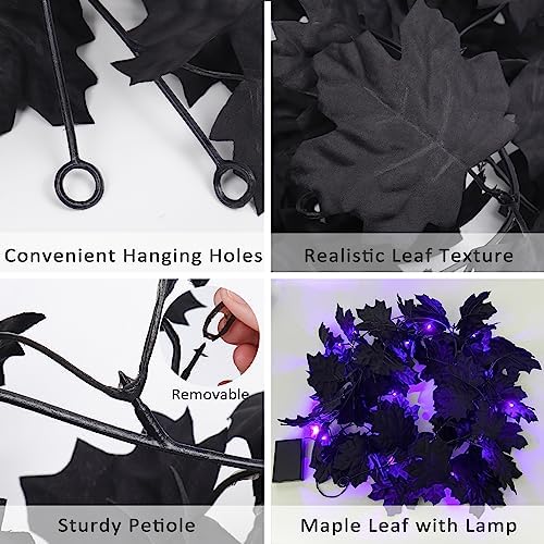 RECUTMS Black Halloween Maple Leaf Garland with Purple Light,2Pc Fall Decor