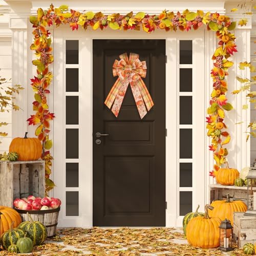 Suncalla 4 Pack Large Thanksgiving Wreath Bows Pre Tied Fall 21x11 Inch Wired Ribbon Decorative Autumn Tree Topper Bow for Front Door Indoor Outdoor Harvest Decorations(4 Pack)