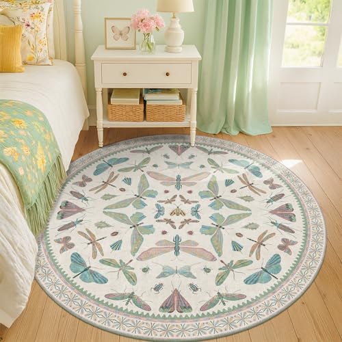 Hazo Haus Green and Blue Insect 6ft Round Soft Rugs for Nursery, Bedroom Beside Bed - Non Skid Rug Low Pile Washable