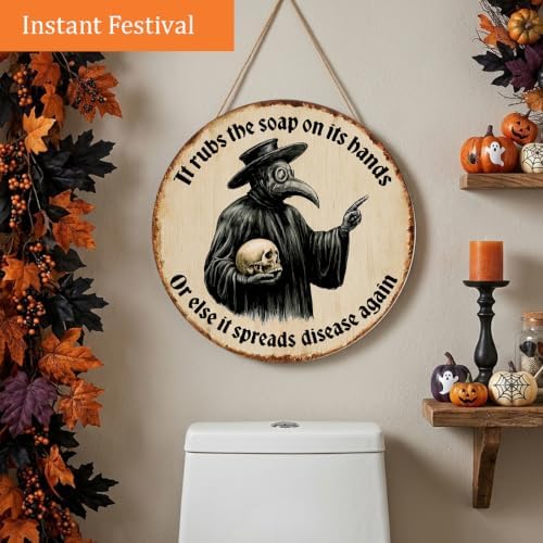 Gothic Halloween Decorations Wooden Sign for Bathroom Toilet