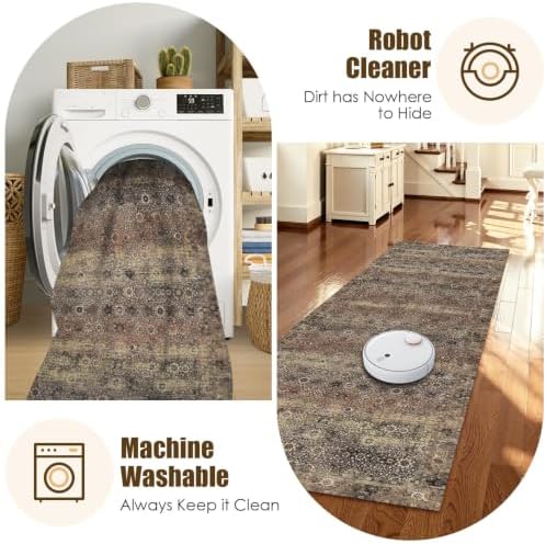 Washable Area Rug 2'6'' x 8' Vintage Traditional Persian Mat - Foldable Distressed Non-Slip Machine Washable Carpet for