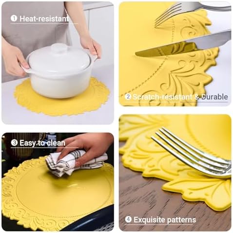 Round Faux Leather Placemats Set of 6, Dining Table Mats, Mango Yellow