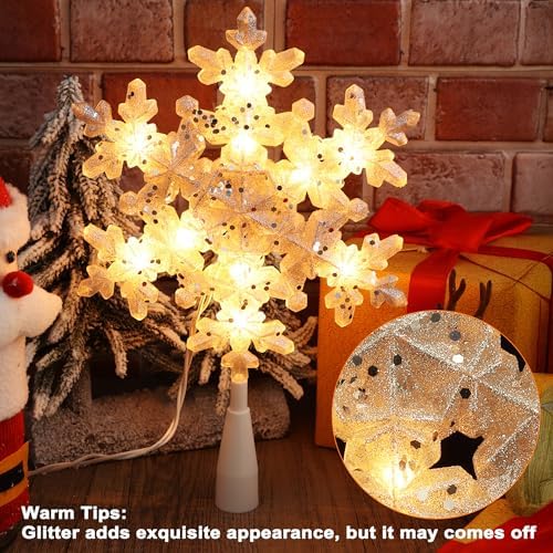 Brizled Silver Christmas Tree Topper, 9" Snowflake Tree Star with 10 Lights