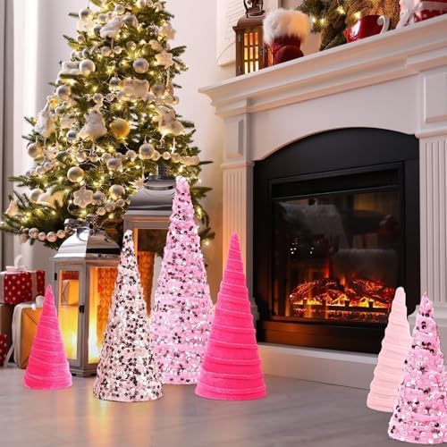 6 Pcs 12" 10" 6" Christmas Cone Tree Decorations Velvet Pink Christmas Glitter Table Decor Flocked Farmhouse Tiered Tray Ornament Xmas Tree for Home Holiday Entryway Tabletop Centerpiece Decor