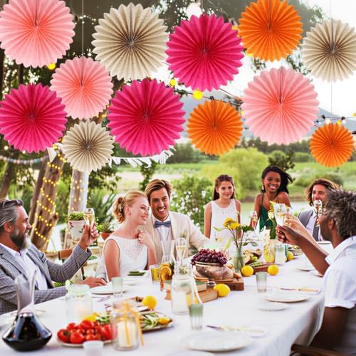 BestoFun 12PCS Orange Light Pink Paper Fans & Tissue Paper Flowers - Party Decorations Set for Birthday, Wedding, Bridal Shower, Reusable Easy Assemble Wall & Ceiling Decor