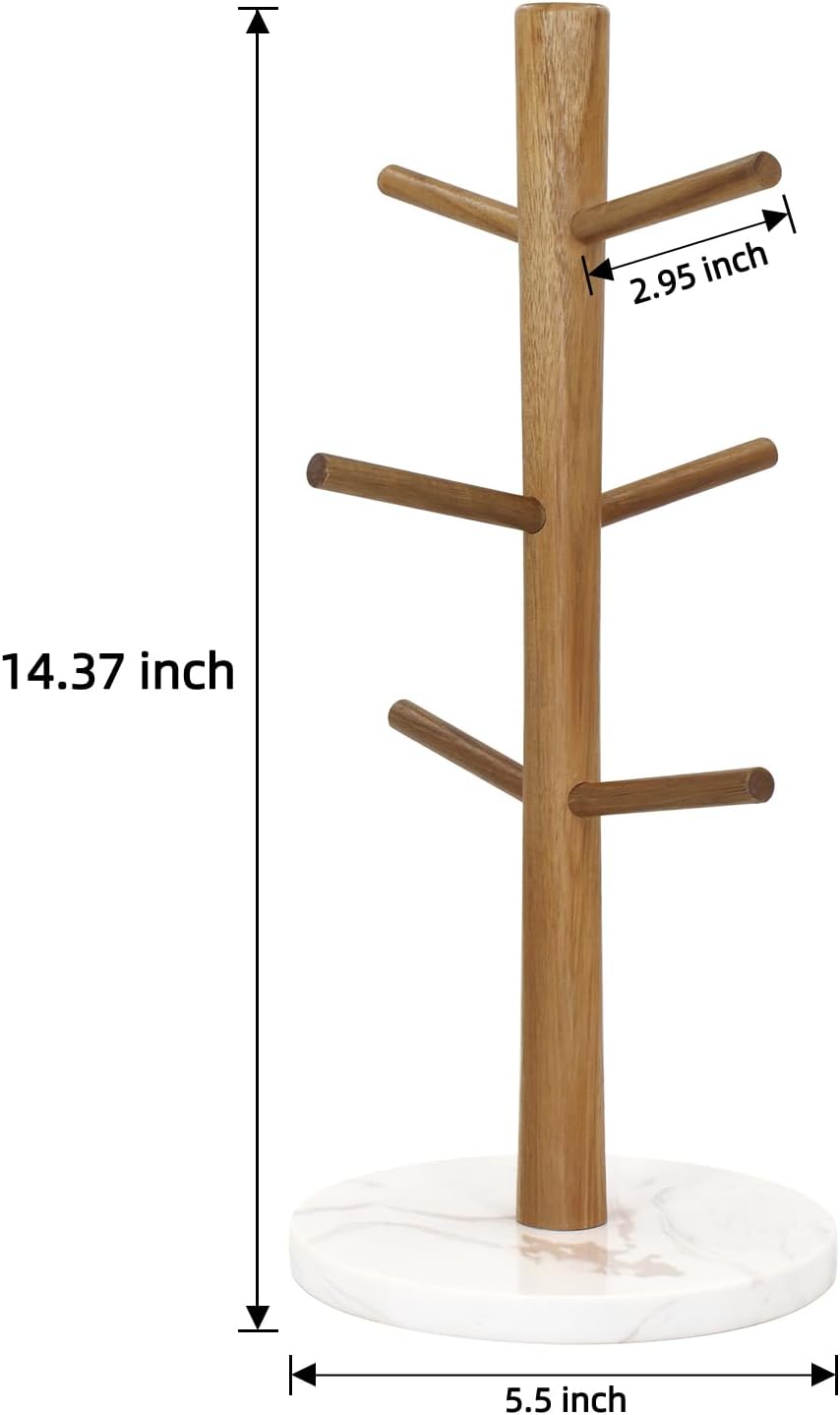 Buruis Acacia Wood Mug Holder with Marble Base, 6 Hook Mug Tree, White | Coffee Mug Rack for Countertop, Space-Saving