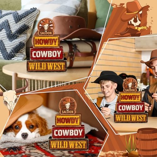 Britimes Cowboy Tiered Tray Decor Set, 4 Pack, Wooden Table Sign, Western