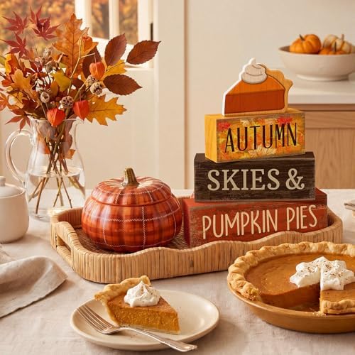 Lineshading 3 Pcs Fall Table Decor, Pumpkin Pie Wood Block Sign Home Tray