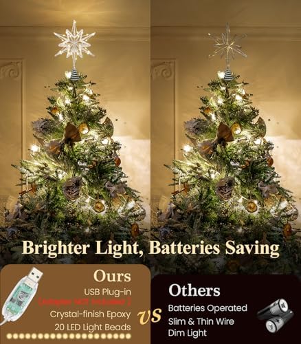 Luxspire Christmas Tree Topper, Lighted Star Tree Topper with USB Plug-in & Remote Control, 9.8" LED Metal Christmas Decorations Light, Xmas Trees Decor for Home Party, Crystal Hexagram-Silver