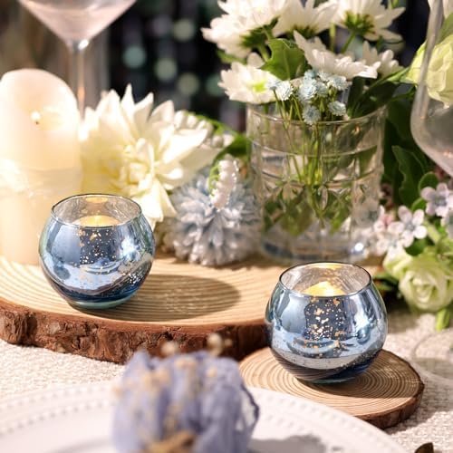 Volens Round Blue Votive Candle Holder Set of 12, Mercury Glass Votives