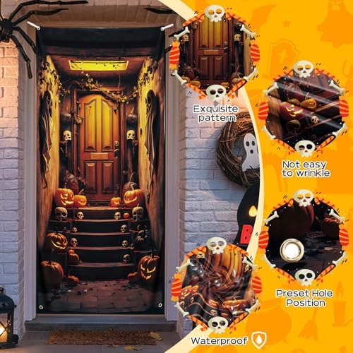 Halloween Decorations, Halloween Door Banner, Basement Stair Door Cover, Spooky Doorway Midnight Backdrop Banner Decorations, Large Fabric Background for Holiday Party 185 x 90 cm