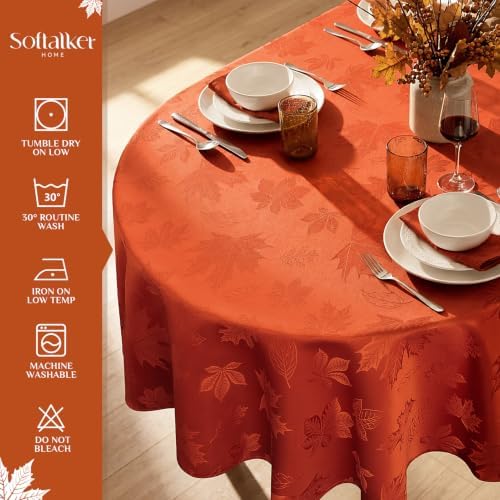 Softalker Fall Jacquard Oval Tablecloth, 60 x 84 Inch Burnt Orange