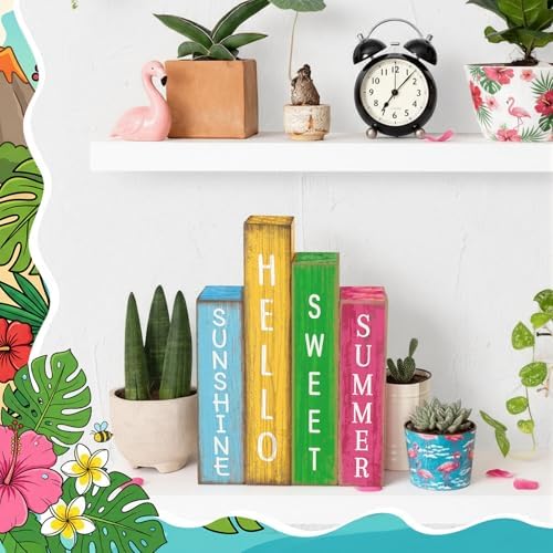 Lineshading 4 Pcs Summer Table Decoration Wooden Book Hawaii Beach Sign