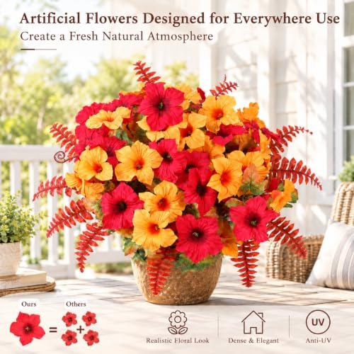 Agusbagli 6PCS Artificial Fall Flowers Morning Glory with Fern Grass