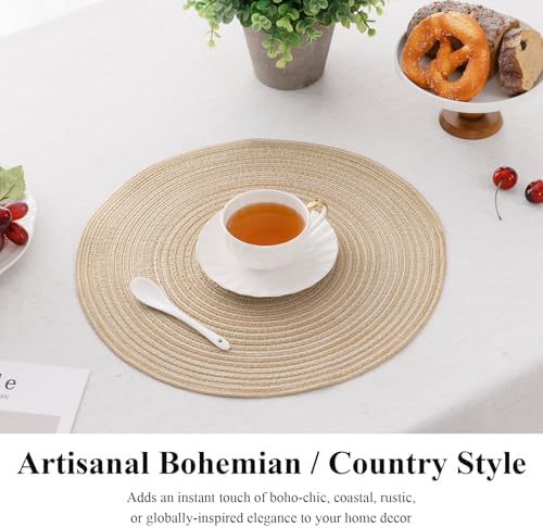 SHACOS 15 inch Round Placemats Set of 6, Cotton Polyester Woven Braided Place Mats, Washable Heat Resistant Circle Table Mats for Dining Table (Beige, 6)