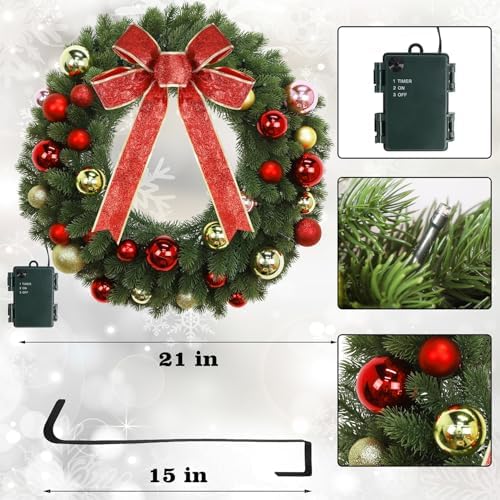Juegoal 21 Inch Pre-Lit Christmas Wreath with Metal Hanger, Lighted Xmas Folded Wreath with 60 LED Lights, Red Bow and Colorful Balls, Battery Operated & Timer for Outdoor Home Window Wall Front Door