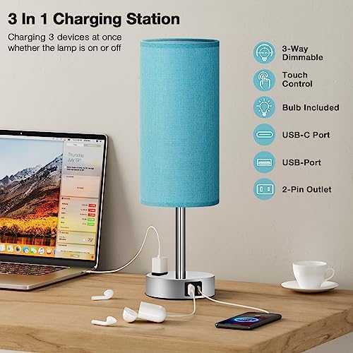 Fenmzee Light Beige Bedside Table Lamp, Dimmable Touch, USB A+C, AC Outlet