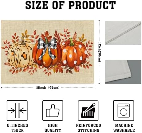 Fall Pumpkins Placemats Set of 4 18x12 Inch Autumn Thankful Linen Place Mats Heat-Resistant Washable Wipeable Thanksgiving Season Holiday Table Mat for Party Kitchen Dining Room Dinner Table Decor