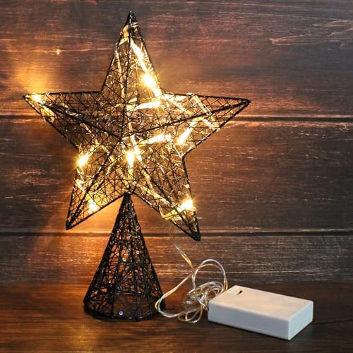 CVHOMEDECO. Black Tree Top Star with Warm White LED Lights and Timer for Christmas Tree Toppper Ornaments and Holiday Seasonal Décor, 8 x 10 Inch