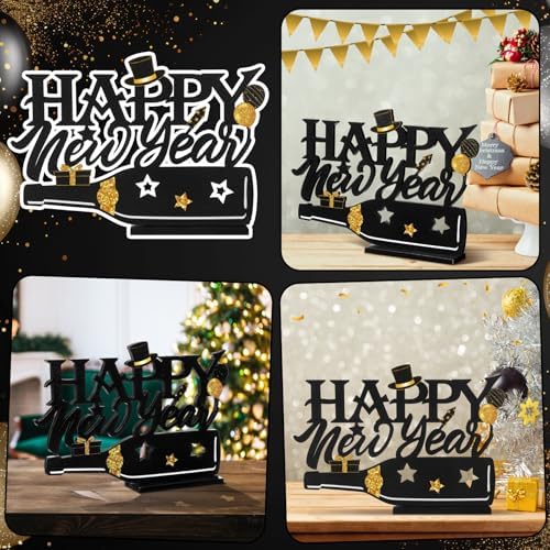 Amyhill 2026 Happy New Year Wood Sign Wooden Black Gold Glitter Tabletop Decorations 2026 Table Centerpiece for New Year Eve Party Supplies Home Decorations
