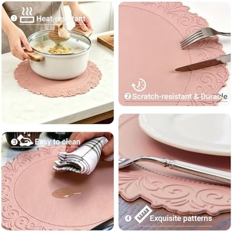 Round Faux Leather Placemats Set of 6, Dining Table Mats, Pink